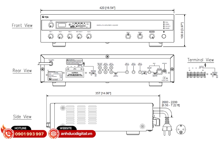 TOA A-3224DM-AS Đầu ra đa dạng 100V/4Ω và cổng ghi âm linh hoạt