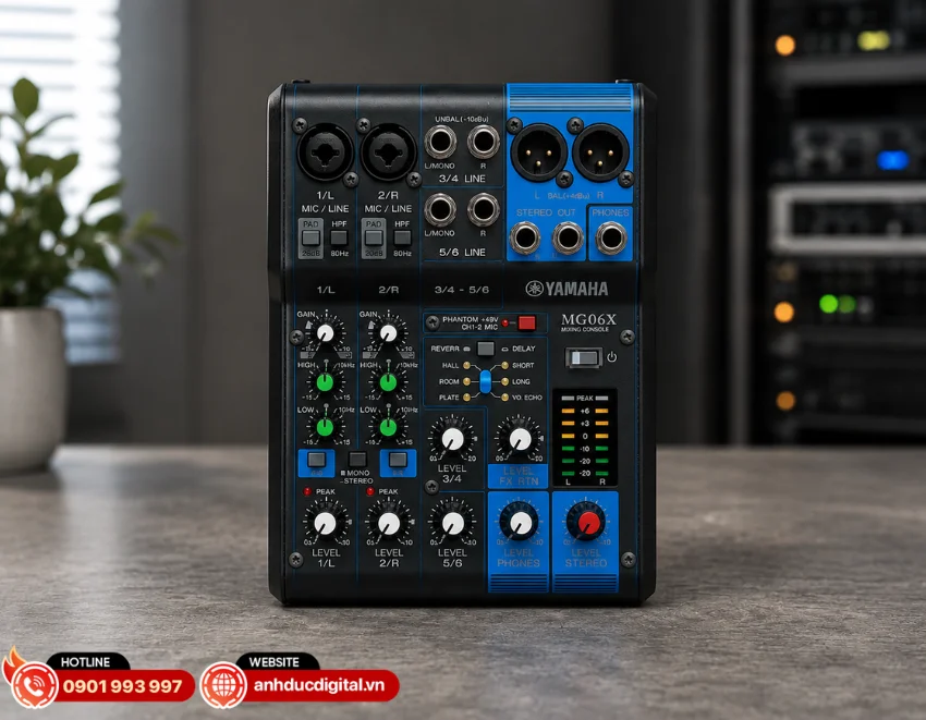 Yamaha MG06X l&agrave; mẫu mixer analog nhỏ gọn được thiết kế để đ&aacute;p ứng nhu cầu xử l&yacute; &acirc;m thanh