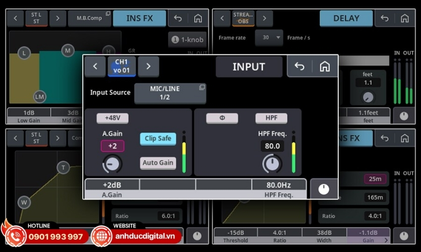 Mixer Yamaha MGX12 được trang bị c&aacute;c t&iacute;nh năng hỗ trợ th&ocirc;ng minh như Auto Gain, Clip Safe v&agrave; Scene Recall