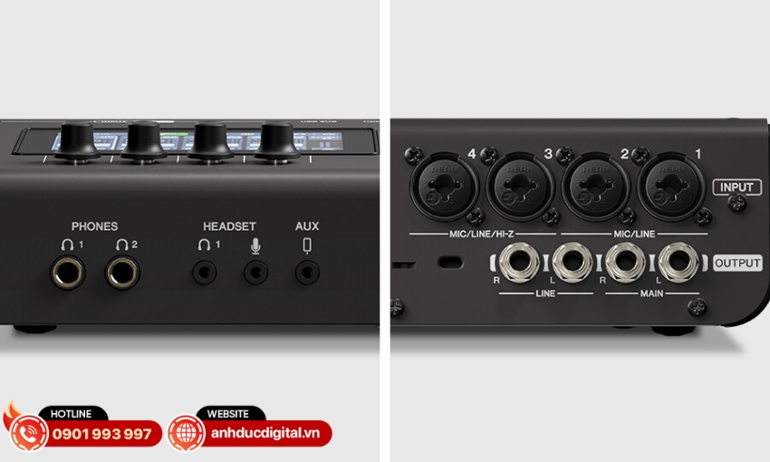 URX44V cung cấp 4 ng&otilde; v&agrave;o Combo Mic/Line, hỗ trợ Hi-Z v&agrave; cả micro headset