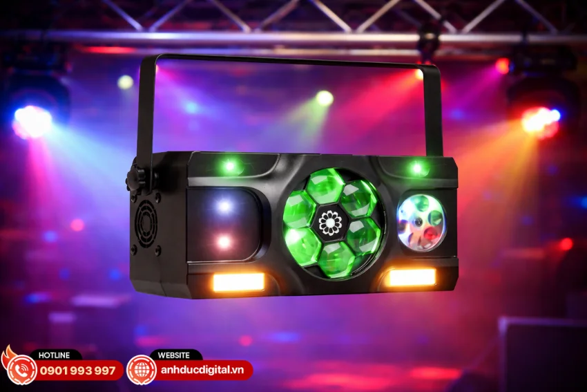 Đ&egrave;n Fuzzix Stellar2 Multi DJ LED Effect c&oacute; cụm 6 LED Bee Eye v&agrave; 6 LED Gobo tạo ra h&agrave;ng trăm tia s&aacute;ng chuyển động li&ecirc;n tục