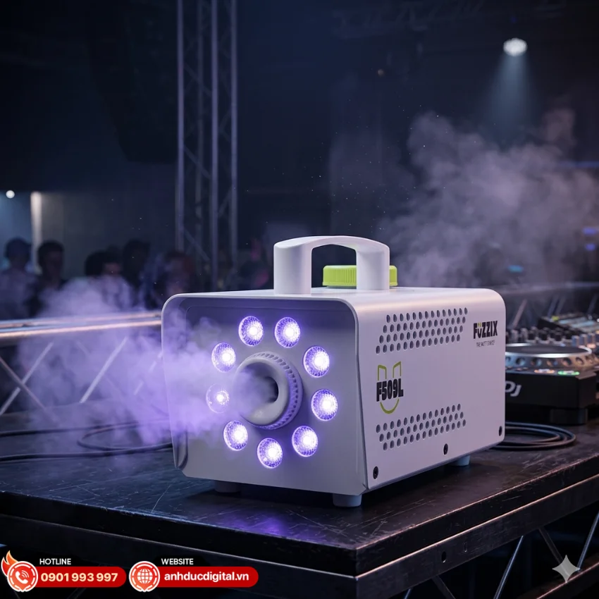 Fuzzix F509L Party Smoke Machine 9 LEDs RGB c&oacute; thời gian l&agrave;m n&oacute;ng chỉ khoảng 2.5 ph&uacute;t