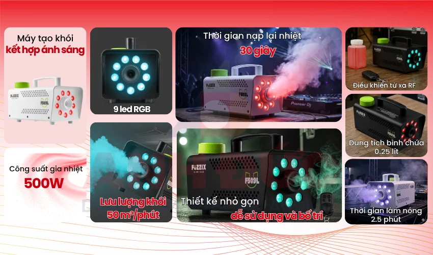 M&aacute;y tạo kh&oacute;i Fuzzix F509L&nbsp;Party Smoke Machine 9 LEDs RGB