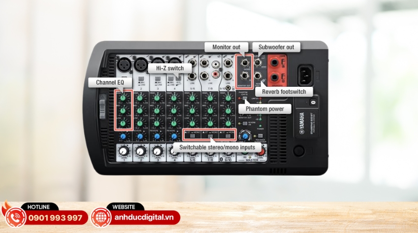 Yamaha Stagepas 400BT được trang bị nguồn Phantom Power và Hi-Z input