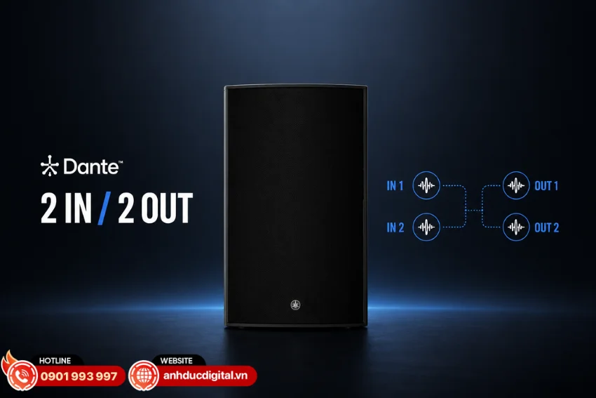 Yamaha DZR315-D hỗ trợ giao thức Dante với 2 đầu v&agrave;o v&agrave; 2 đầu ra