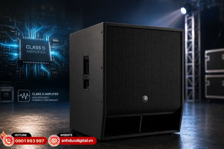 Yamaha DXS18XLF sử dụng mạch khuếch đại Class D với công suất 1200W RMS