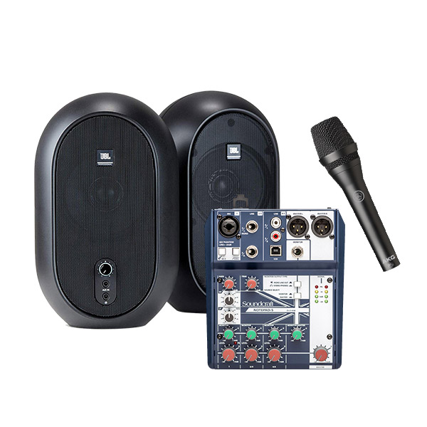 Loa JBL ONE Series 104 + Mixer Notepad 5 + Micro AKG P5i 2
