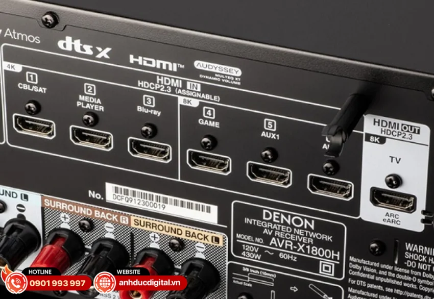 Denon AVR-X1800H sở hữu 6 cổng HDMI đầu v&agrave;o v&agrave; 1 cổng HDMI đầu ra