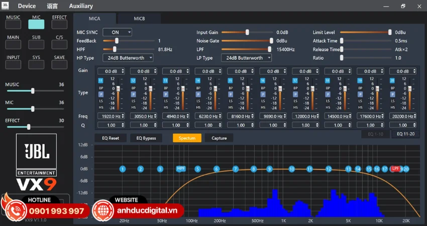 JBL VX9 hỗ trợ khả năng cân chỉnh âm thanh chi tiết với EQ 20-band dành cho Micro và EQ 15-band dành cho Music