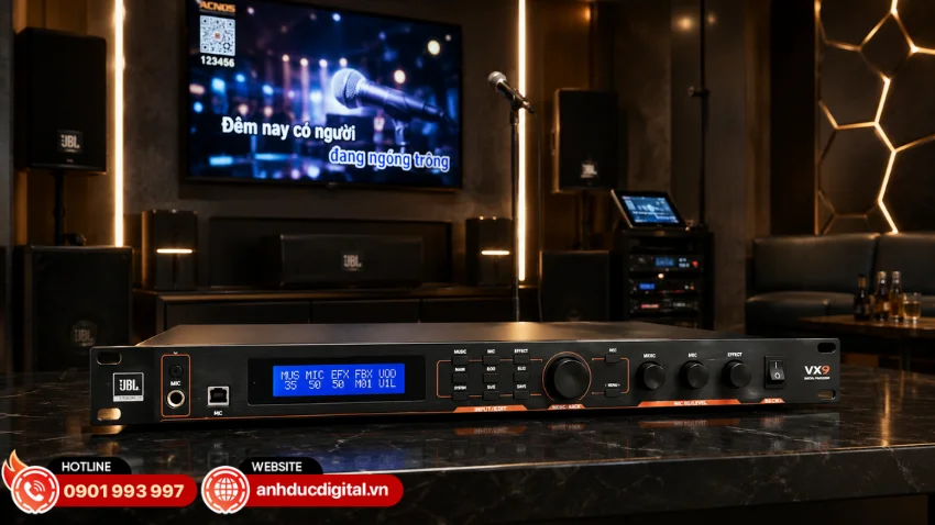 Vang số JBL VX9 sở hữu khả năng xử lý Echo và Reverb độc lập cho phép điều chỉnh hiệu ứng