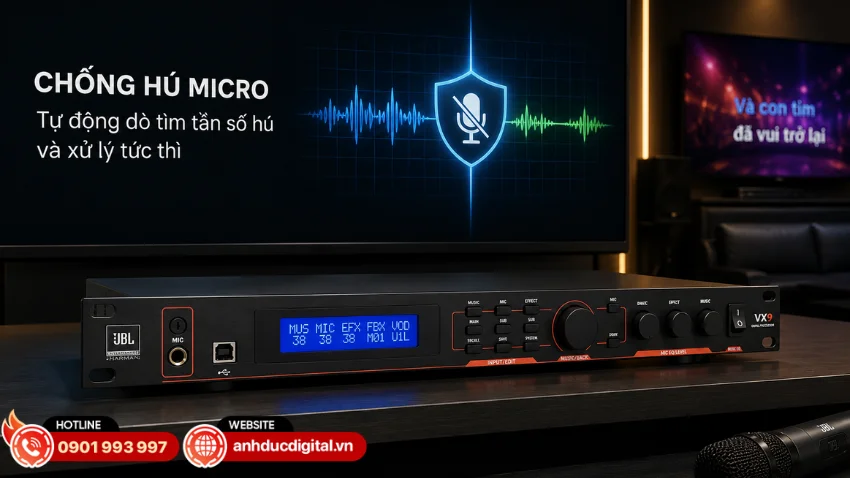 JBL VX9 được trang bị công nghệ chống hồi tiếp âm với 4 cấp độ chống hú Micro