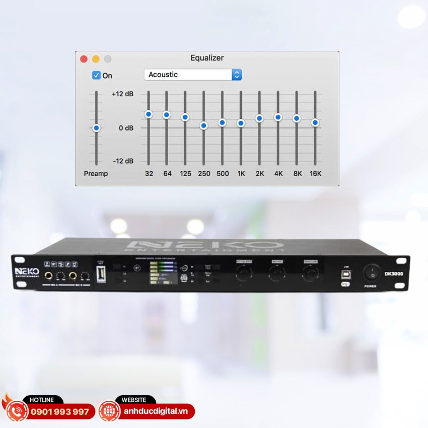 NEKO DK3000 sở hữu hệ thống EQ độc lập với nhạc 7 băng tần và micro 10 băng tần