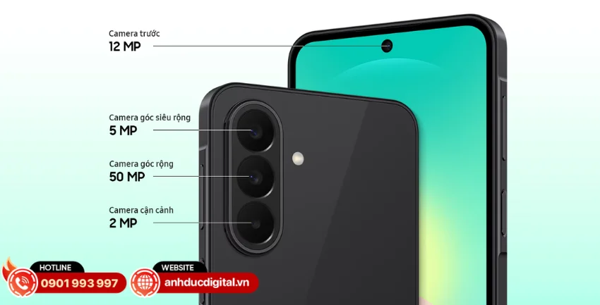 Galaxy A27 5G sở hữu cụm 3 camera sau gồm camera chính 50MP, góc siêu rộng 5MP và macro 2MP