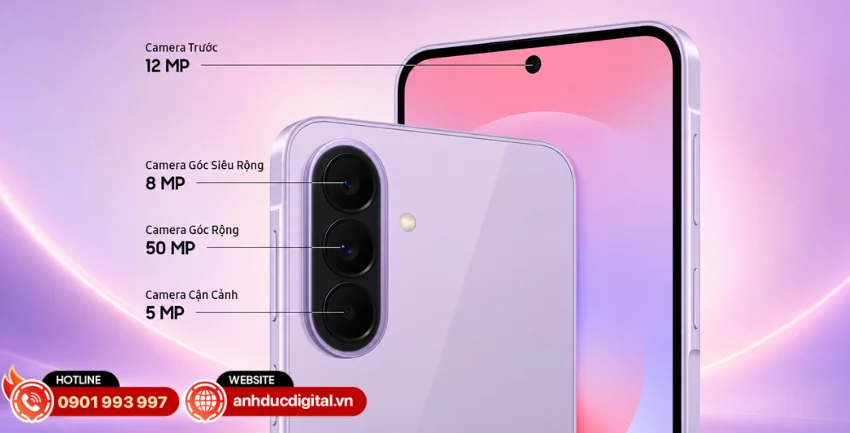 Galaxy A37 5G sở hữu cụm ba camera gồm 50MP OIS + 8MP g&oacute;c si&ecirc;u rộng + 5MP macro