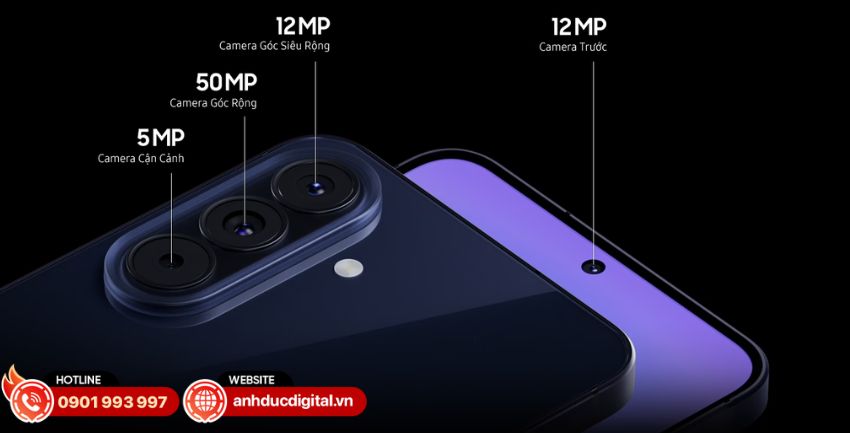 Galaxy A57 5G sở hữu hệ thống 3 camera sau gồm camera ch&iacute;nh 50 MP hỗ trợ OIS