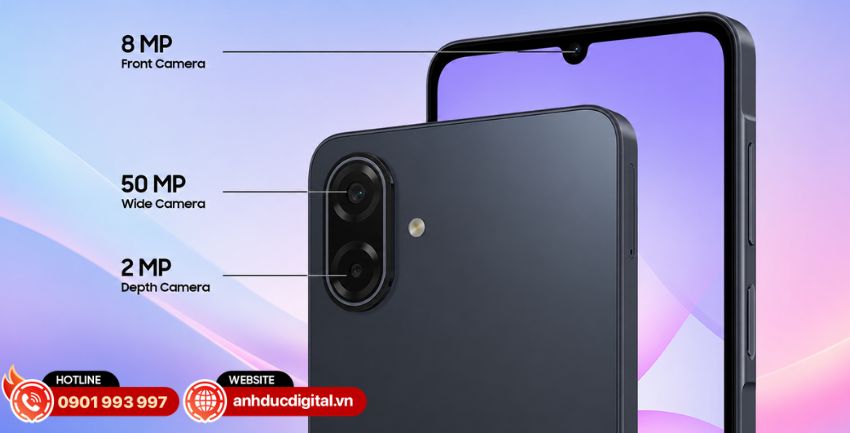 Samsung Galaxy A07 5G sở hữu hệ thống camera k&eacute;p ph&iacute;a sau gồm camera ch&iacute;nh 50MP v&agrave; camera phụ 2MP