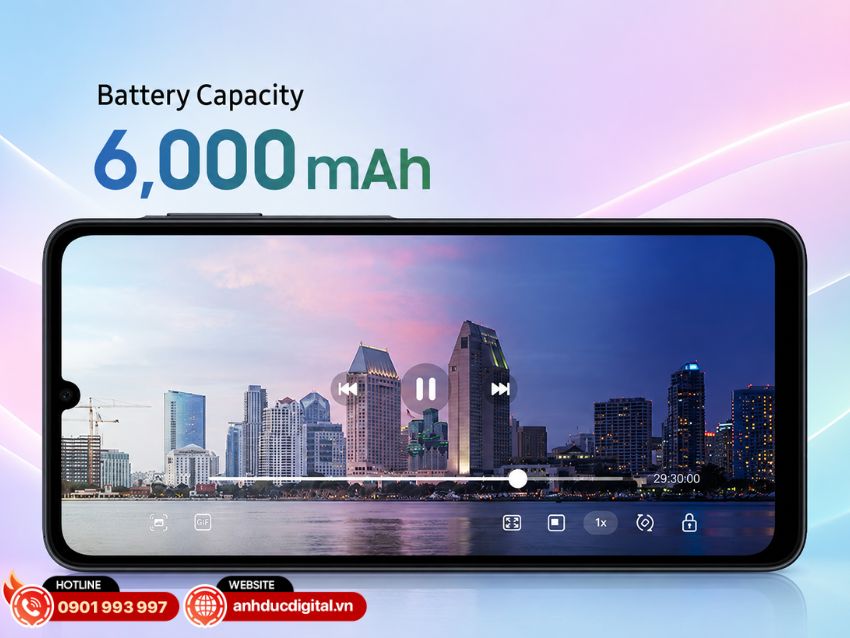 Samsung Galaxy A07 5G trang bị&nbsp;pin dung lượng lớn 6.000mAh&nbsp;đ&aacute;p ứng tốt nhu cầu sử dụng điện thoại trong thời gian d&agrave;i