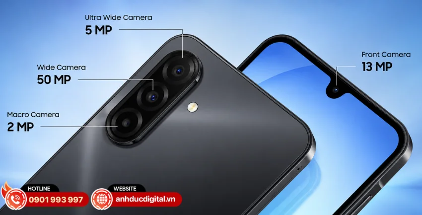 Galaxy A17 sở hữu cụm ba camera gồm camera chính 50MP, camera góc siêu rộng 5MP và camera macro 2MP