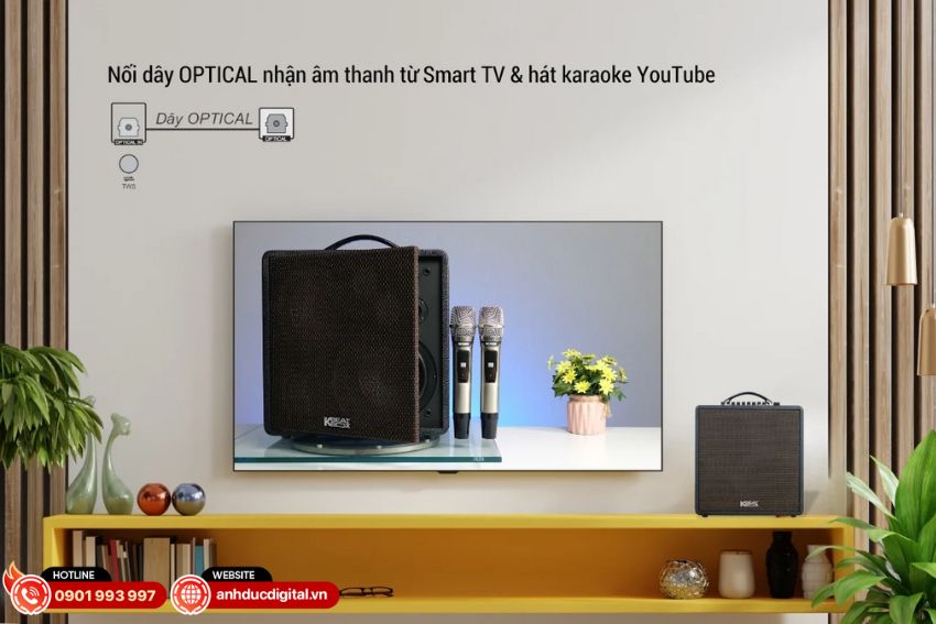 Loa karaoke Acnos Quad 64 có thể kết nối optical nhận âm thanh từ smart TV