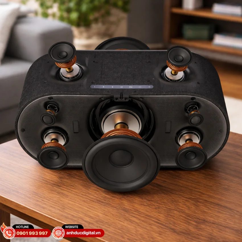 Hệ thống 8 loa 3 đường tiếng trên Denon Home 600 gồm loa tweeter, midrange và woofer