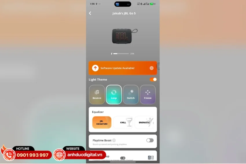 JBL Go 5 cho ph&eacute;p người d&ugrave;ng t&ugrave;y chỉnh &acirc;m thanh qua ứng dụng JBL Portable chỉnh EQ