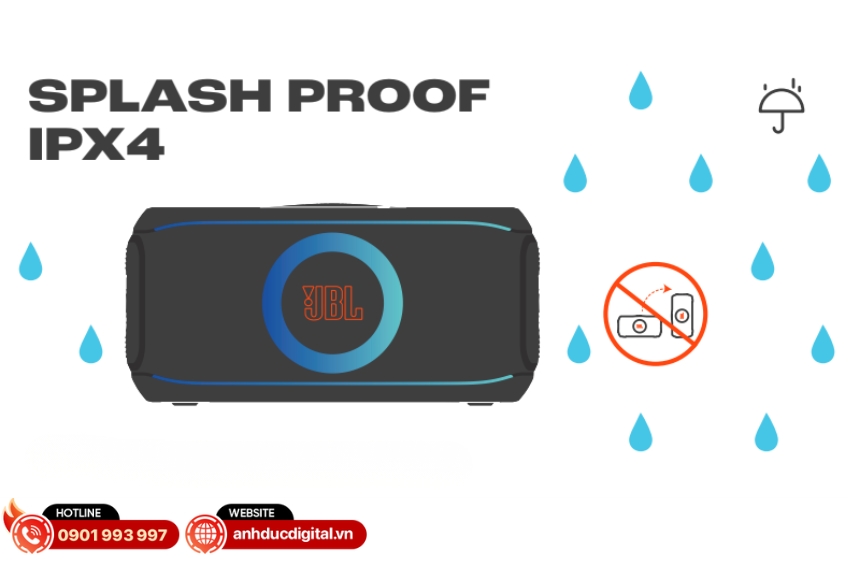 JBL PartyBox On The Go 2 đạt chuẩn IPX4 chống nước văng, mưa nhẹ
