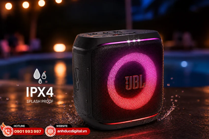 PartyBox Encore 2 Plus sở hữu thiết kế nhỏ gọn v&agrave; khả năng kh&aacute;ng nước IPX4