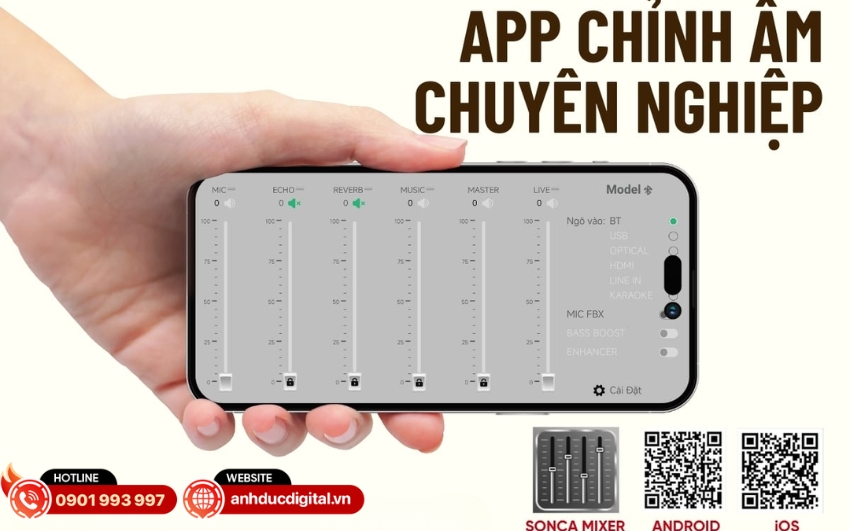 Acnos Acoustic 3 Compact được tích hợp vang số chỉnh cơ và có thể kết nối ứng dụng SONCA MIXER