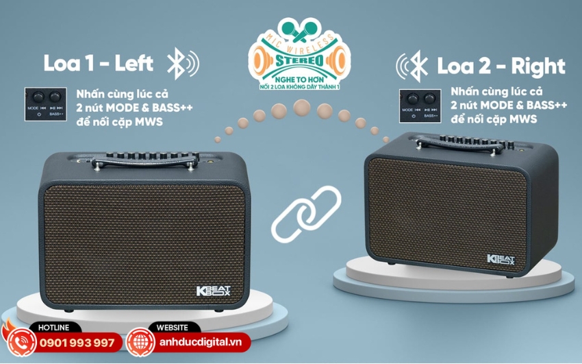 CS160 Pro có công nghệ MIC Wireless Stereo (MWS) cho phép ghép đôi hai loa