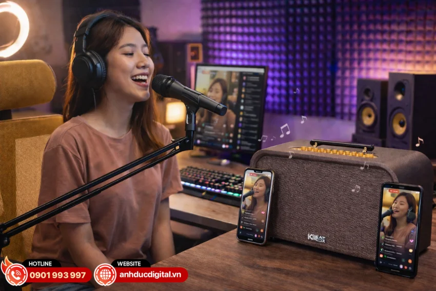 Loa Acnos Harmony V26 hỗ trợ t&iacute;nh năng stereo live stream tr&ecirc;n cả iOS v&agrave; Android