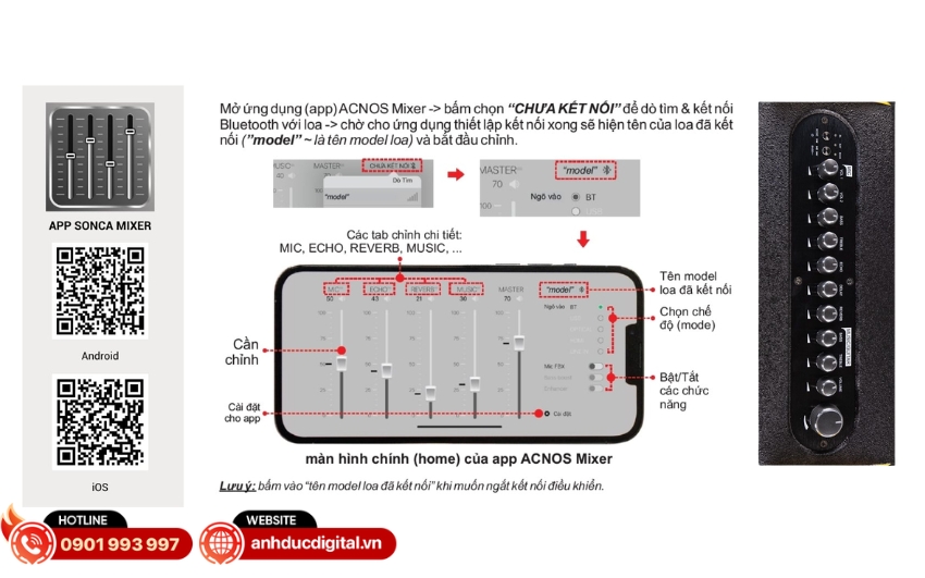Loa Acnos Top 430 t&iacute;ch hợp vang số chỉnh cơ v&agrave; điều chỉnh chi tiết hơn th&ocirc;ng qua app SONCA Mixer