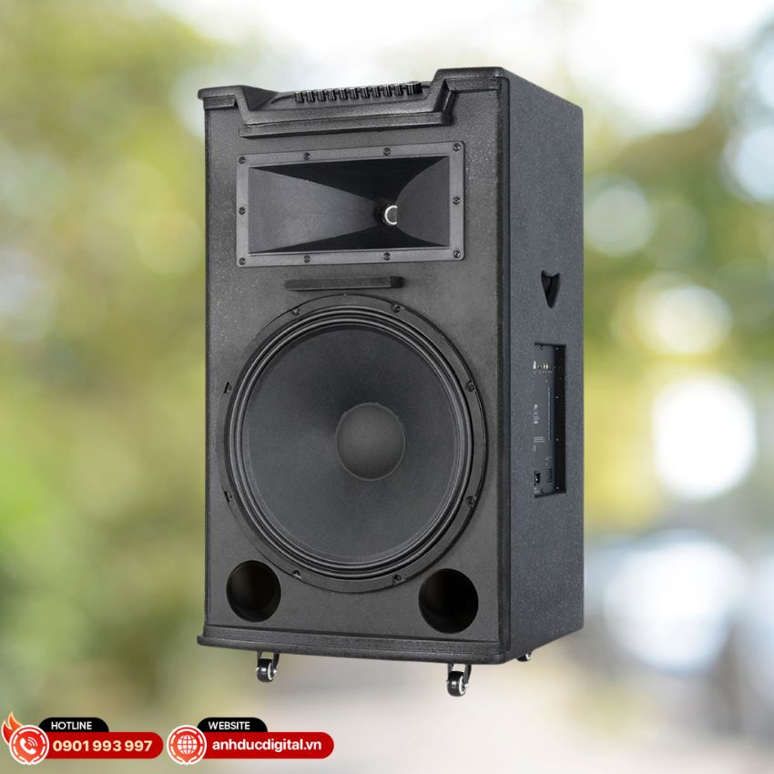 Loa Acnos Top 530 th&ugrave;ng gỗ, lưới sắt, b&aacute;nh xe di động, thiết kế bền bỉ cho karaoke v&agrave; tiệc ngo&agrave;i trời