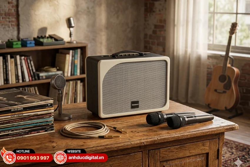 Paramax Evox đi k&egrave;m 2 micro kh&ocirc;ng d&acirc;y gi&uacute;p người d&ugrave;ng c&oacute; thể h&aacute;t karaoke ngay