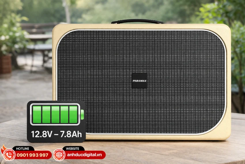 Loa Paramax Sono được trang bị pin Lithium-iron dung lượng 12.8V &ndash; 7.8Ah