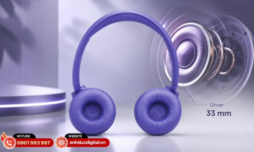 JBL Tune 530BT được trang bị c&ocirc;ng nghệ JBL Pure Bass Sound mạnh mẽ với driver 33 mm