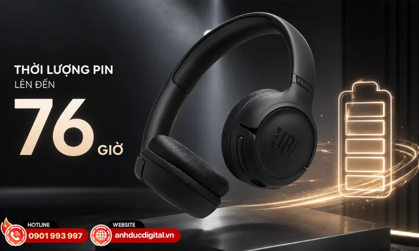 Tune 530BT sở hữu thời lượng pin l&ecirc;n đến 76 giờ ph&aacute;t nhạc