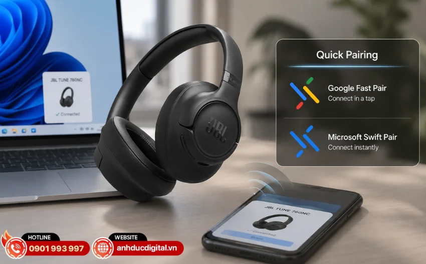 730BT hỗ trợ Google Fast Pair v&agrave; Microsoft Swift Pair&nbsp;gi&uacute;p qu&aacute; tr&igrave;nh kết nối với thiết bị trở n&ecirc;n nhanh ch&oacute;ng