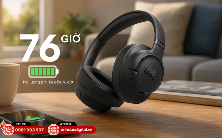 JBL Tune 780NC c&oacute; thời lượng pin l&ecirc;n đến 76 giờ khi tắt ANC v&agrave; 50 giờ khi bật ANC