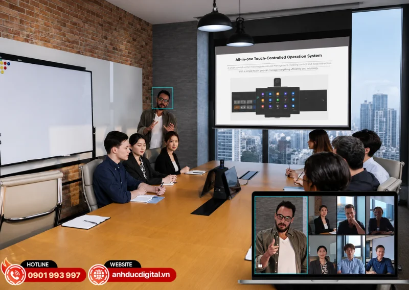 Camera Kandao Meeting Ultra t&iacute;ch hợp AI 4.0 gi&uacute;p nhận diện khu&ocirc;n mặt, giọng n&oacute;i v&agrave; x&aacute;c định người đang ph&aacute;t biểu