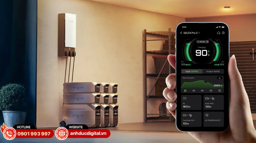 EcoFlow DELTA Pro 3 Smart Extra Battery c&oacute; thể điều khiển v&agrave; gi&aacute;m s&aacute;t hệ thống th&ocirc;ng qua ứng dụng EcoFlow tr&ecirc;n điện thoại