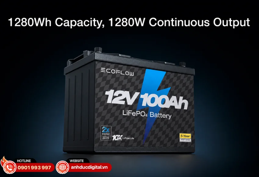 Pin EcoFlow Lithium 12V 100Ah Deep Cycle LiFePO4 Battery sở hữu dung lượng 100Ah