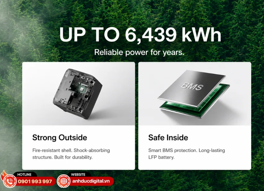 Trạm sạc sử dụng công nghệ pin LFP (LiFePO₄) với độ bền cao và khả năng hoạt động ổn định