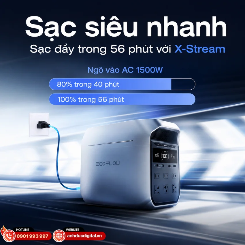 EcoFlow DELTA 3 Plus được trang bị c&ocirc;ng nghệ sạc nhanh X-Stream độc quyền