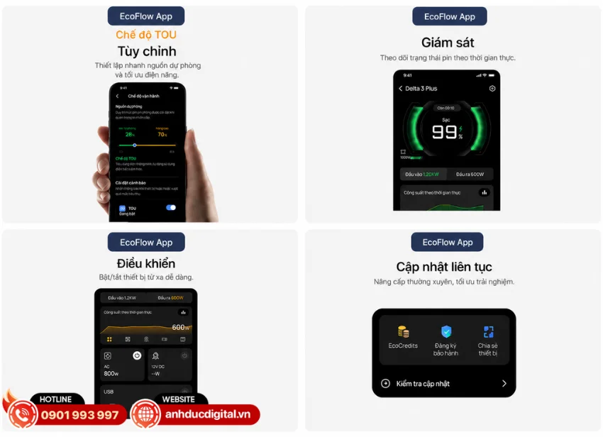 DELTA 3 Plus hỗ trợ kết nối Wi-Fi v&agrave; Bluetooth để quản l&yacute; từ xa th&ocirc;ng qua nền tảng EcoFlow Oasis