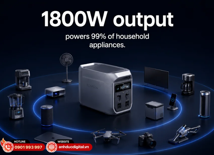 EcoFlow DELTA 3 sở hữu công suất đầu ra liên tục 1800W