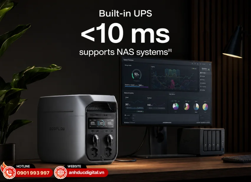EcoFlow DELTA 3 được tích hợp chế độ UPS/EPS với thời gian chuyển mạch cực nhanh dưới 10ms