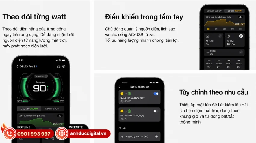 EcoFlow DELTA Pro 3 hỗ trợ kết nối Wi-Fi và Bluetooth cho phép quản lý thiết bị trực tiếp từ ứng dụng EcoFlow