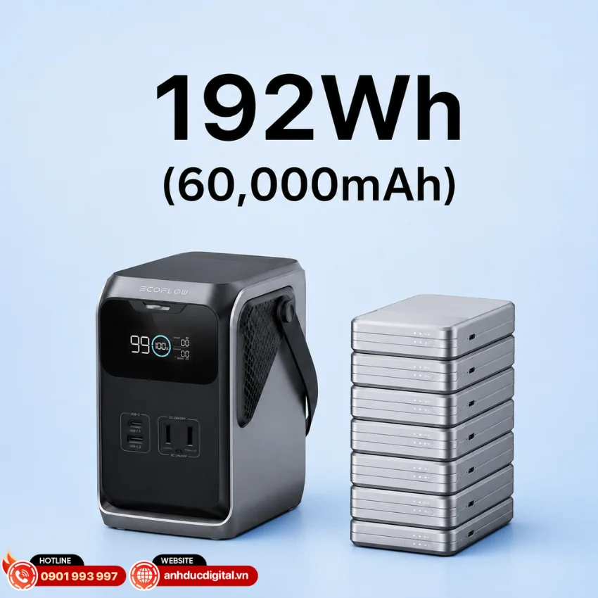 EcoFlow Trail 200 DC trang bị pin dung lượng 192Wh
