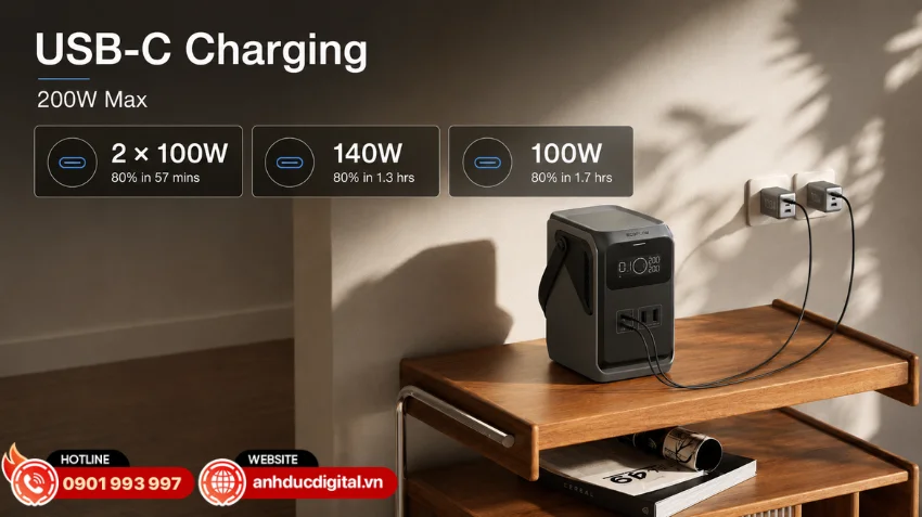 Trail 200 DC hỗ trợ sạc nhanh qua cổng USB-C PD với c&ocirc;ng suất đầu v&agrave;o tối đa 140W