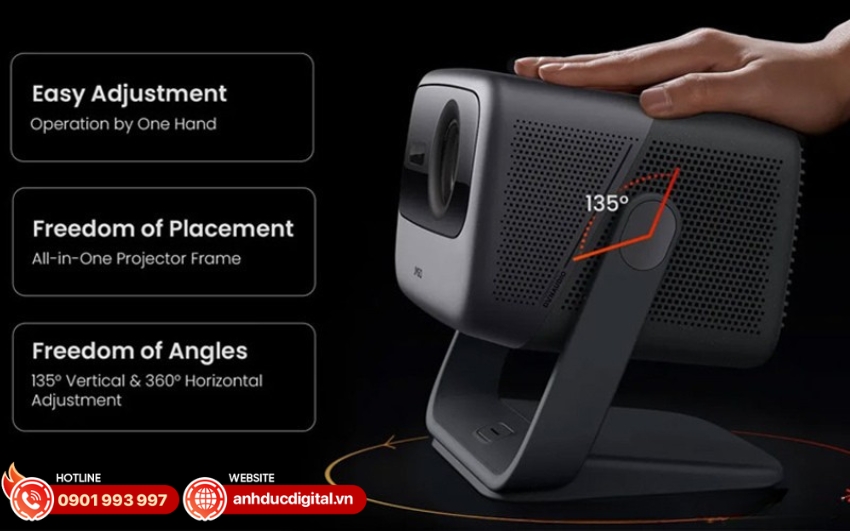 Máy chiếu JMGO N1 Ultra 4K tích hợp gimbal hai trục cho phép xoay ngang 360° và nghiêng dọc 135°